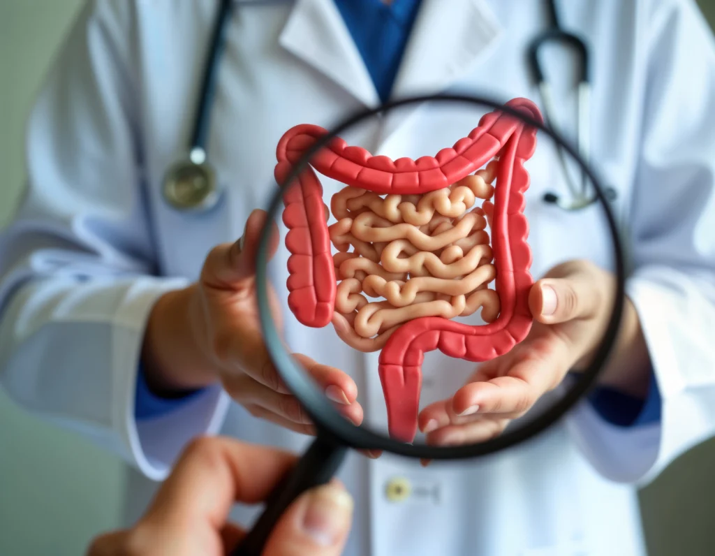 A doctor examines the intestines through a magnifying glass to diagnose colon health issues, such as diverticular disease.