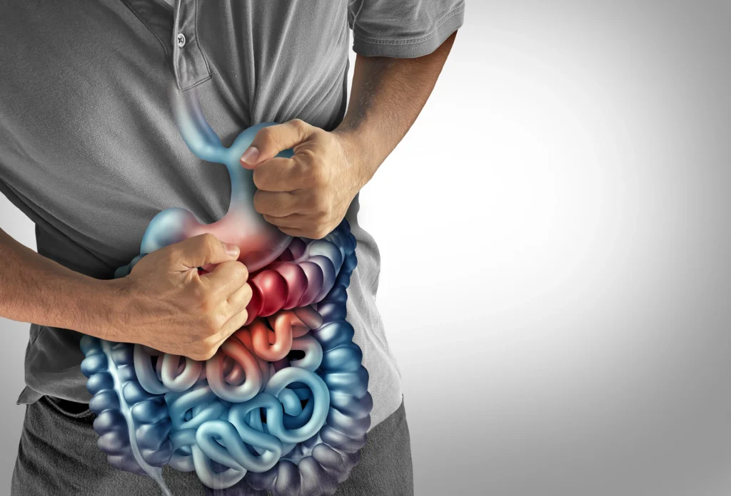 Person clutching stomach with visible digestive tract illustration highlighting pain around the pancreas, which requires ERCP.