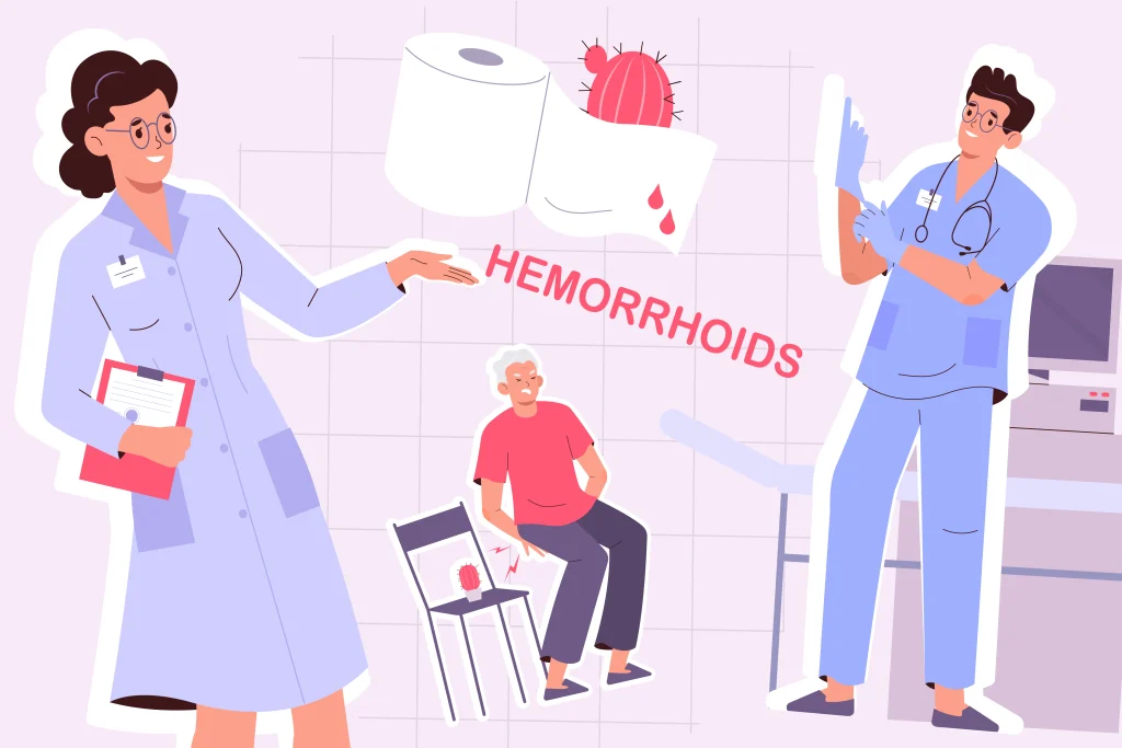 Doctors and a patient in discomfort beside bloody toilet paper, a sign to seek hemorrhoid treatment.