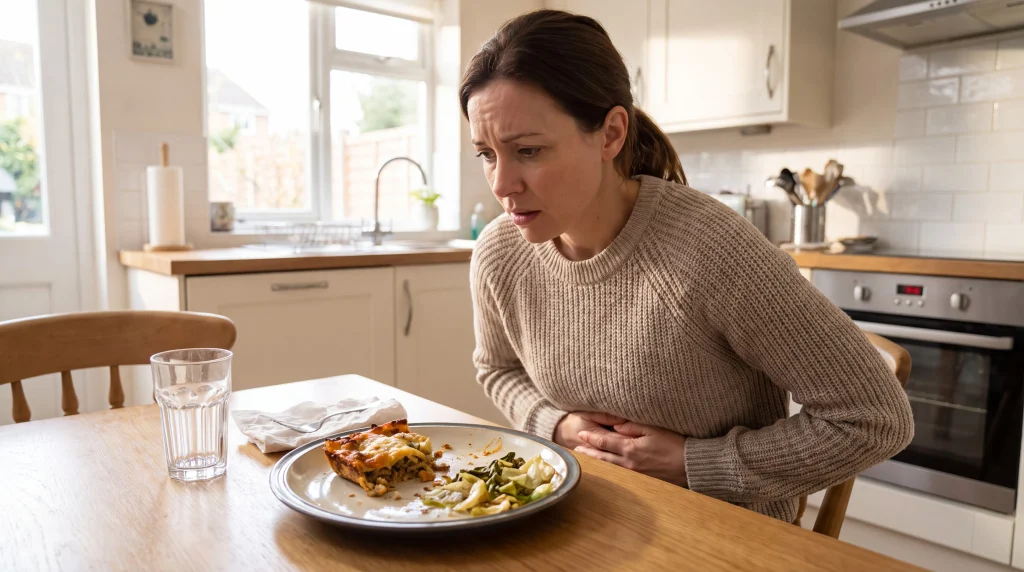 A woman holds her stomach at a kitchen table after a meal, looking uncomfortable and bloated after eating healthy.