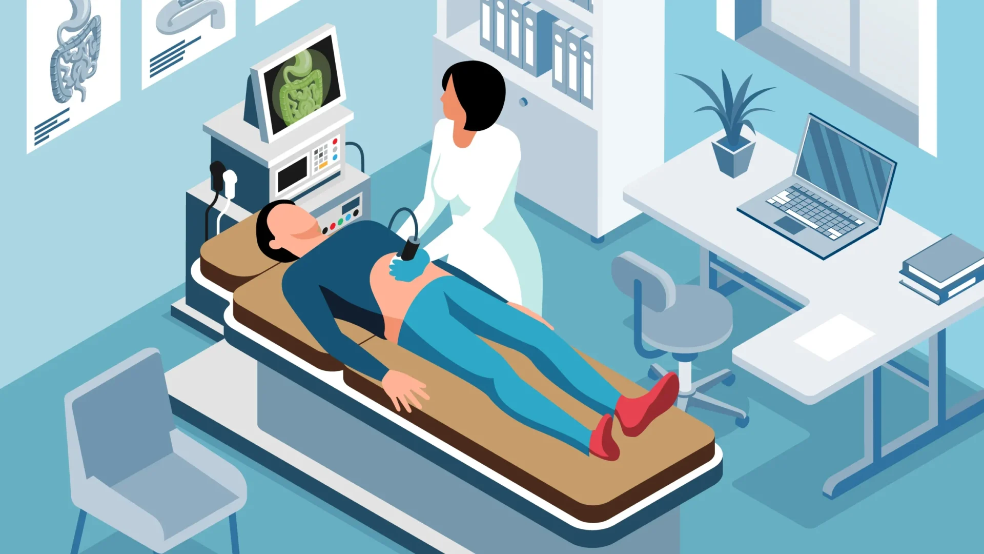 Illustration of a gastroenterologist reviewing colonoscopy prep steps with a patient.