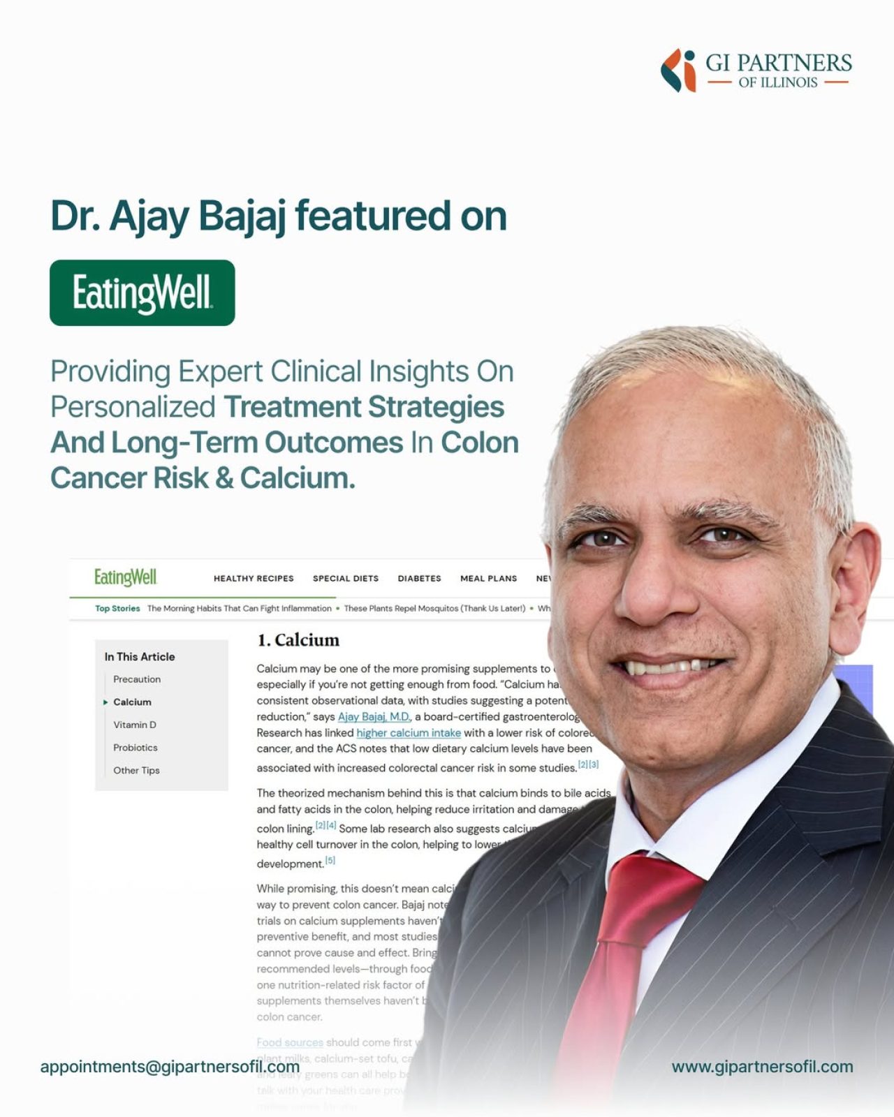 Dr. Ajay Bajaj featured in EatingWell article on colon cancer risk and calcium, with GI Partners of Illinois logo at top-right.