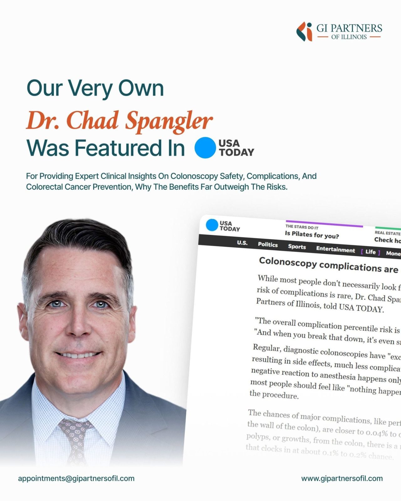 Collage with a man's headshot, article snippet, and logos announcing Dr. Chad Spangler was featured in USA TODAY.