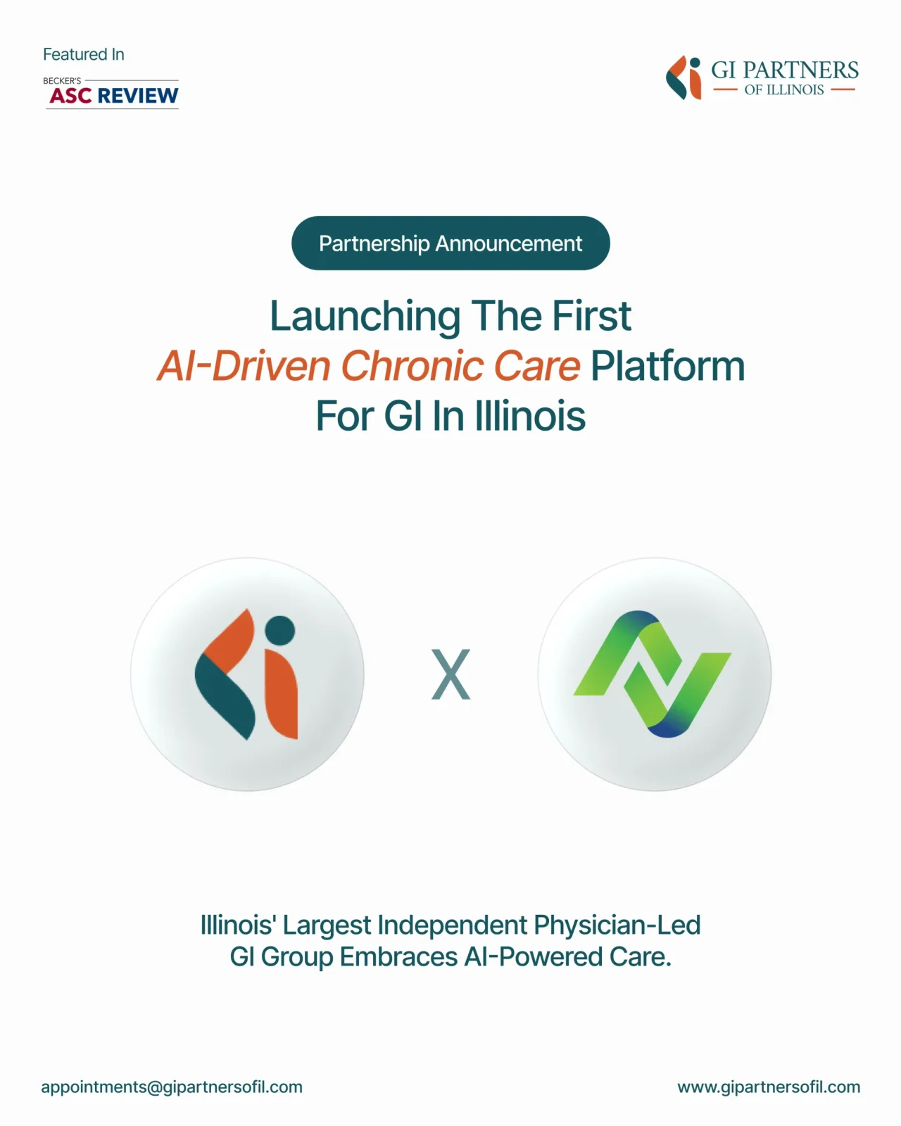 Partnership announcement banner for launching the first AI-driven chronic GI care platform in Illinois, with GI Partners of Illinois and partner logos.