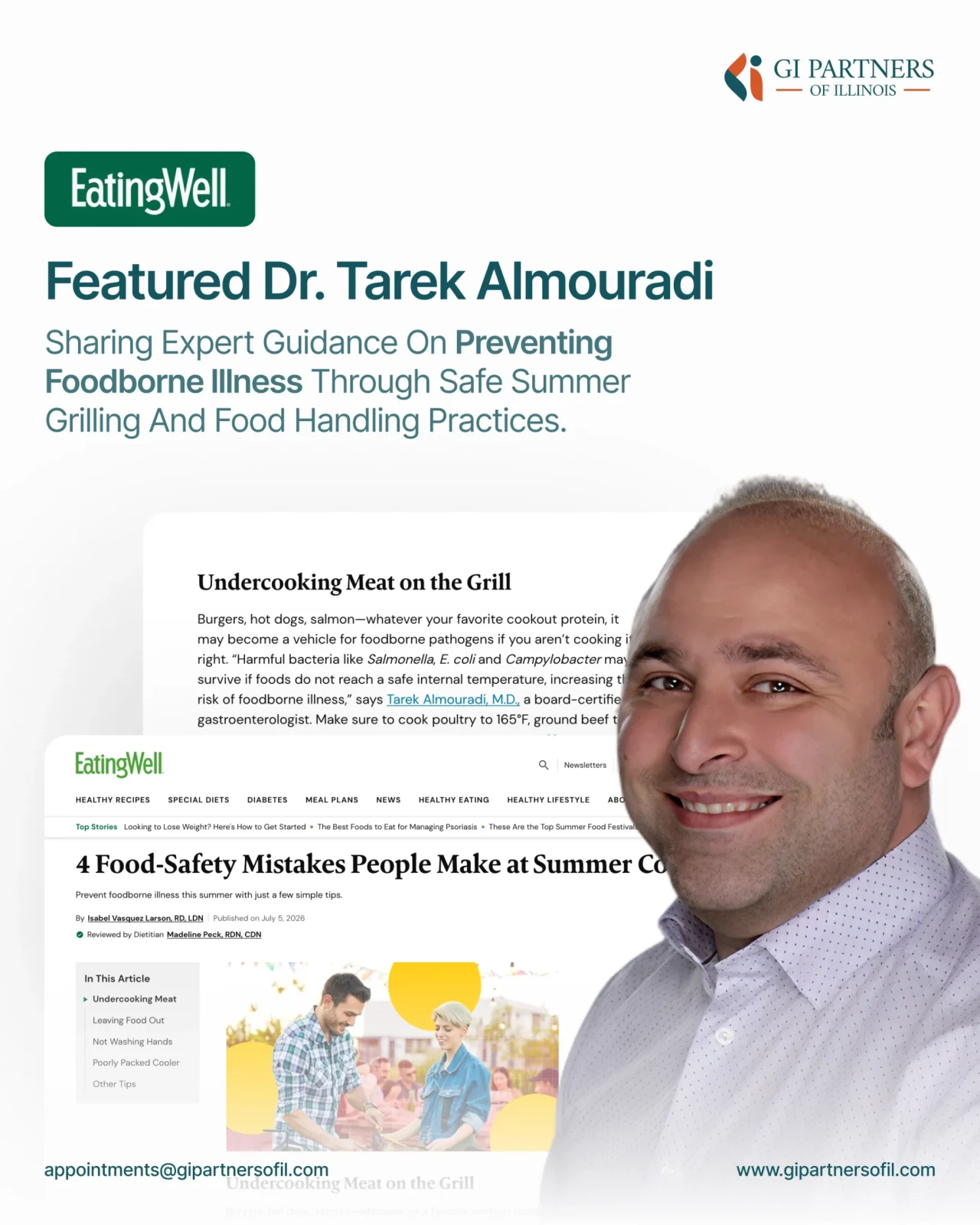 Partial view of a man's face on the right, overlaid on a bold EatingWell hero with the headline 'Featured Dr. Tarek Almouradi' and GI Partners of Illinois branding.