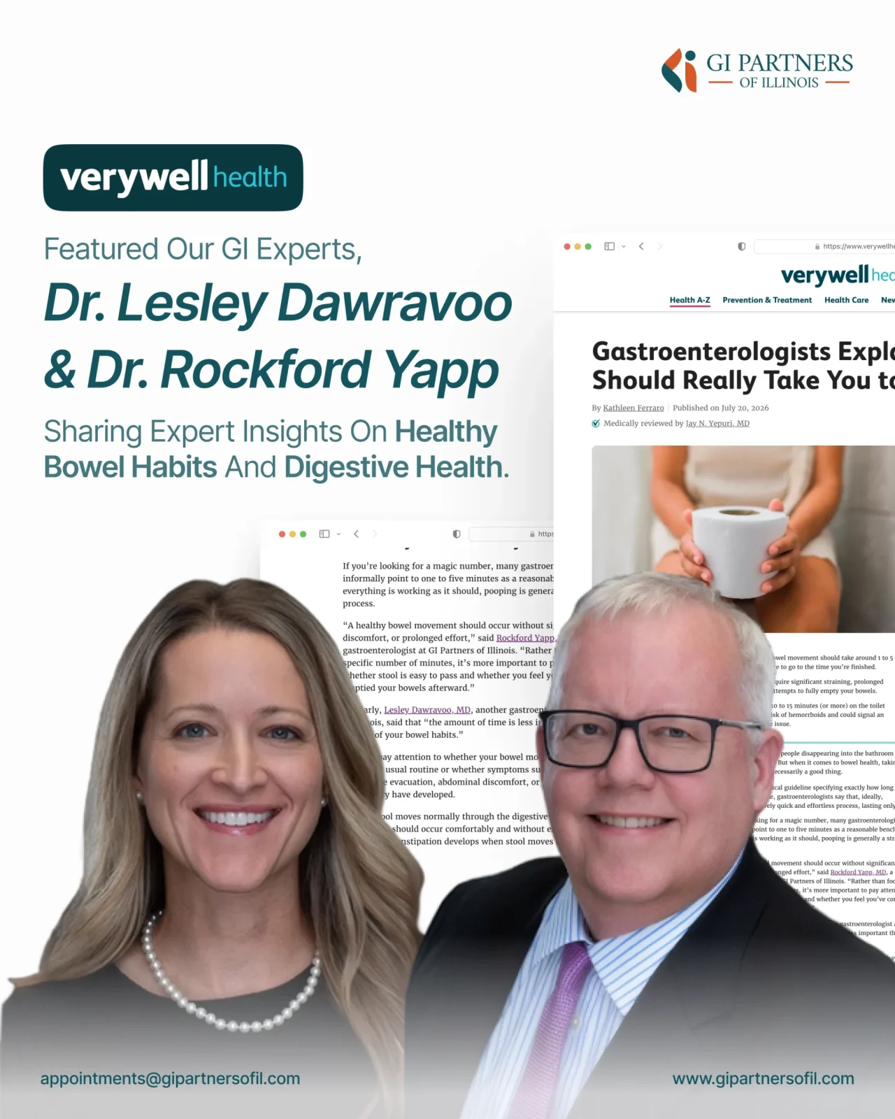 Two smiling professionals in the foreground with a collage of health articles and the GI Partners of Illinois logo in the top right background.