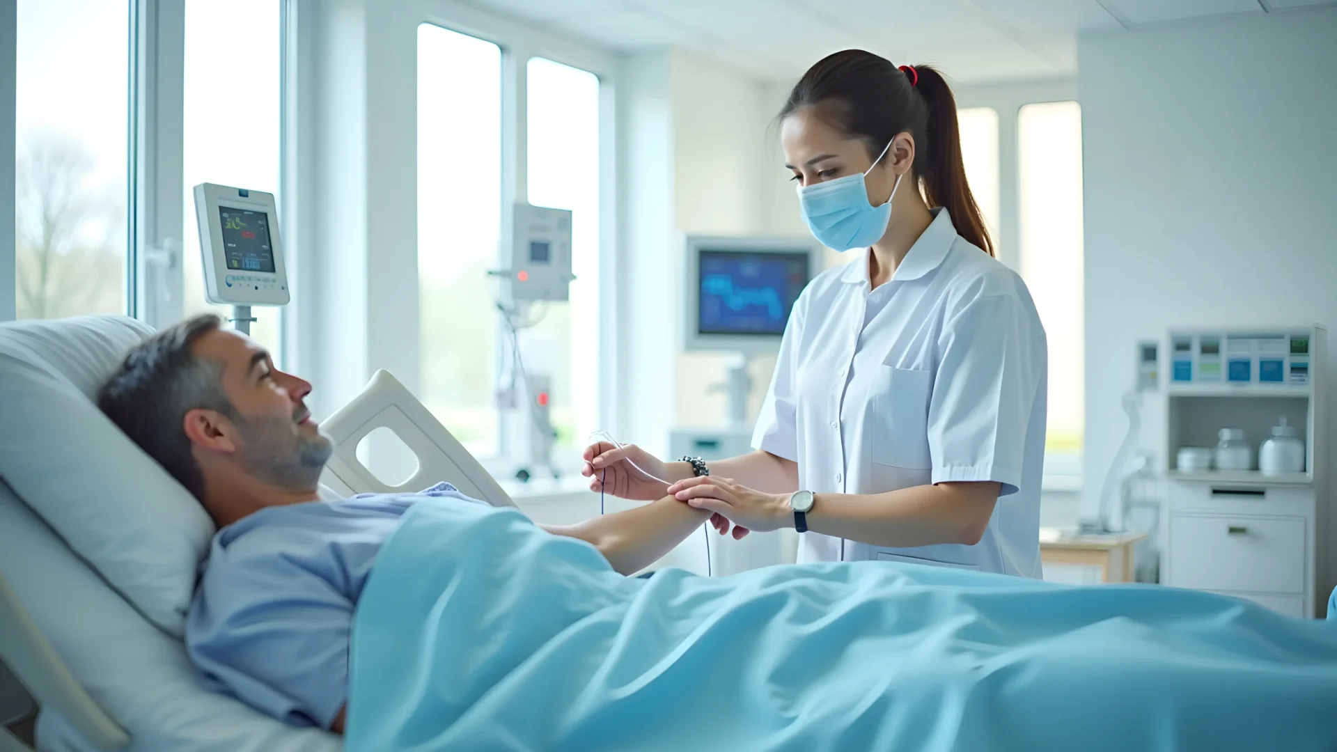 A doctor speaks with a patient in a hospital bed, reflecting the commitment to patient safety in healthcare.